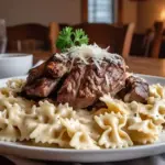 beef and bowtie pasta with alfredo sauce