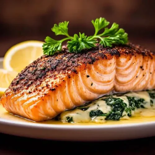 buat gambar: blackened salmon stuffed with spinach and parmesan cheese