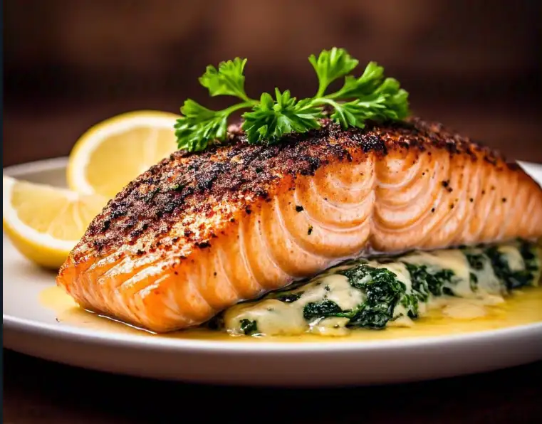 buat gambar: blackened salmon stuffed with spinach and parmesan cheese