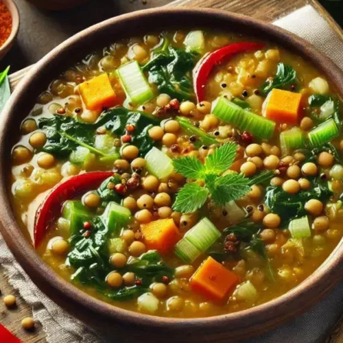 traditional lentil soup with greens and rice