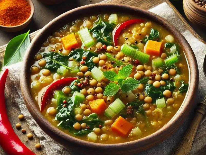 traditional lentil soup with greens and rice